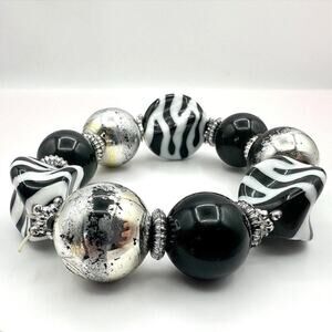 Vintage 90s Zebra Striped Black Glass Bead Chunky Stretch Bracelet Jewelry Boho